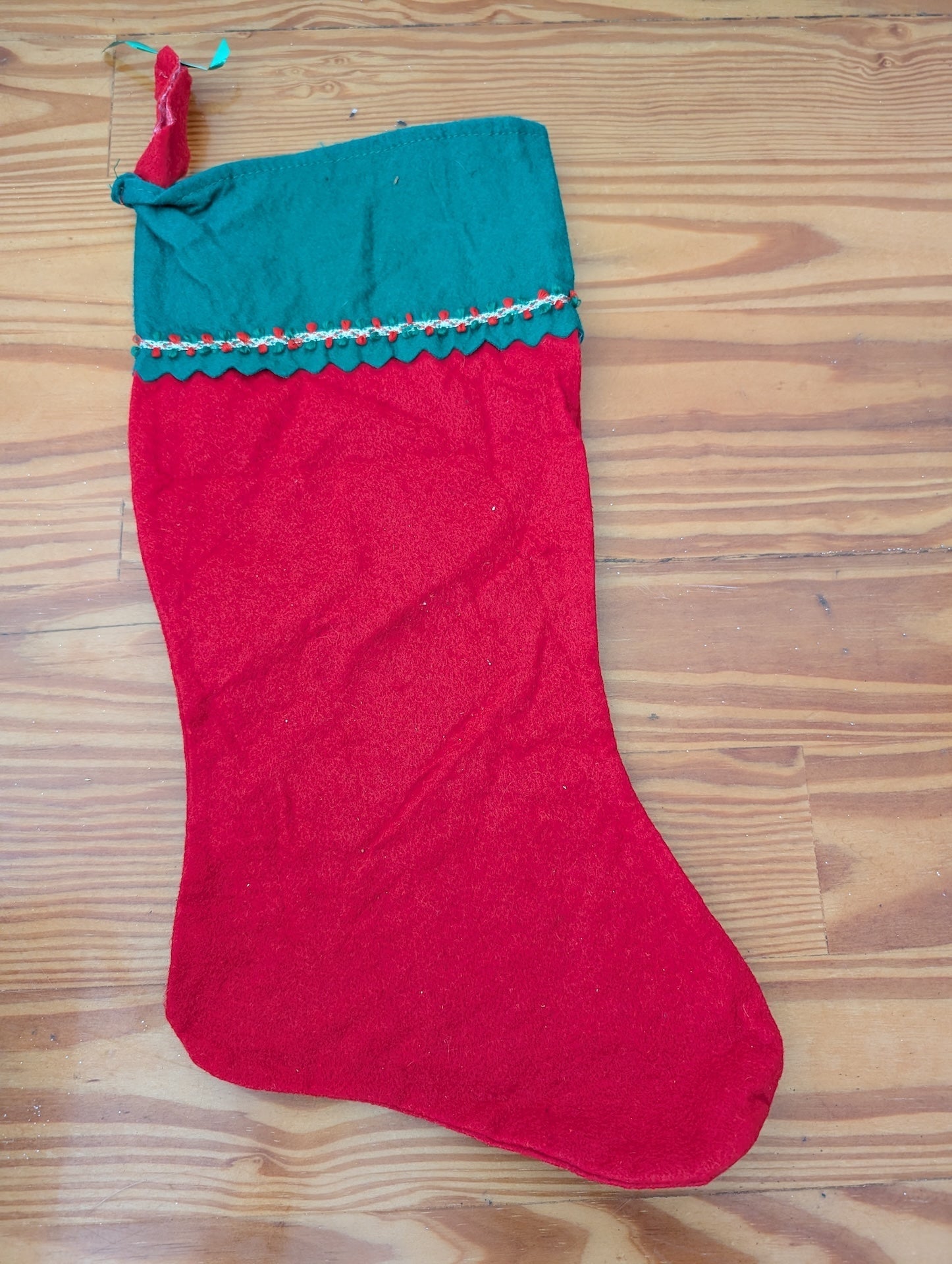 Red and Green Felt Stocking from Unknown -  Linens (Felt, Ribbon Stocking, Traditional, Kids, Red, Green, White)
