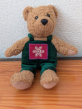 Teddy Bear in Snowflake Overalls from Unknown -  Holiday Decor (Fabric, Velvet Toy / Decor, Traditional, Kids, Rustic, Brown, Green, White)